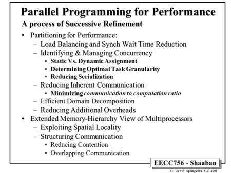 EECC756 - Shaaban #1 lec # 5 Spring2001 3-27-2001 Parallel Programming for Performance A process of Successive Refinement Partitioning for Performance:Partitioning.