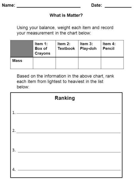 Item 1: Box of Crayons Item 2: Textbook Item 3: Play-doh Item 4: Pencil Mass What is Matter? Using your balance, weight each item and record your measurement.