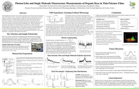 Photon Echo and Single Molecule Fluorescence Measurements of Organic Dyes in Thin Polymer Films Robin Smith ‘03 and Carl Grossman, Department of Physics.