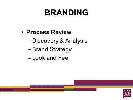 BRANDING Process Review –Discovery & Analysis –Brand Strategy –Look and Feel.