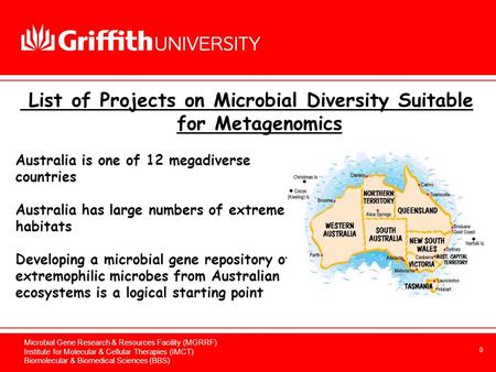 0 Microbial Gene Research & Resources Facility (MGRRF) Institute for Molecular & Cellular Therapies (IMCT) Biomolecular & Biomedical Sciences (BBS) Australia.