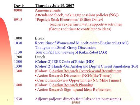 1 SPIRIT Day 9 Thursday July 19, 2007 0900Announcements Attendance check, making up sessions policies (NG)) 0915“Popsicle Stick Electronics” (Elliott Ostler)
