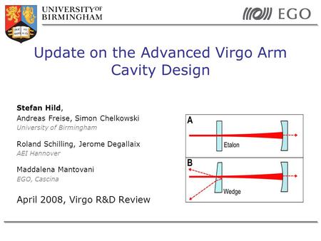 Stefan Hild, Andreas Freise, Simon Chelkowski University of Birmingham Roland Schilling, Jerome Degallaix AEI Hannover Maddalena Mantovani EGO, Cascina.