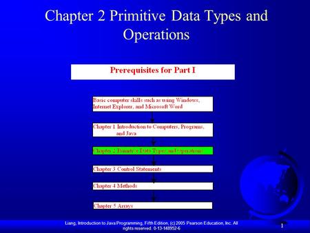 Liang, Introduction to Java Programming, Fifth Edition, (c) 2005 Pearson Education, Inc. All rights reserved. 0-13-148952-6 1 Chapter 2 Primitive Data.