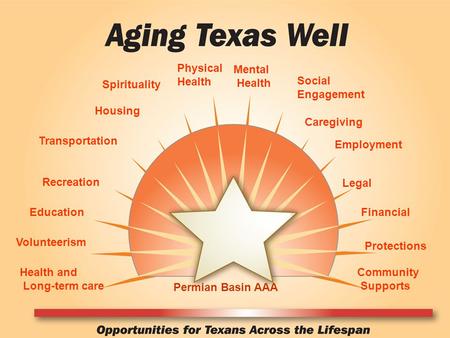 Health and Long-term care Volunteerism Recreation Education Spirituality Social Engagement Transportation Physical Health Mental Health Housing Caregiving.