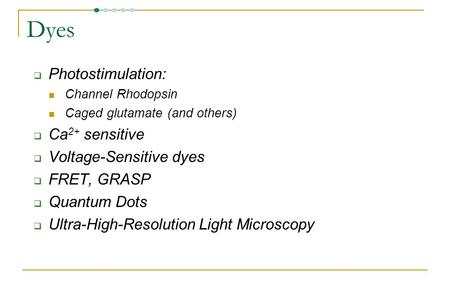 Dyes  Photostimulation: Channel Rhodopsin Caged glutamate (and others)  Ca 2+ sensitive  Voltage-Sensitive dyes  FRET, GRASP  Quantum Dots  Ultra-High-Resolution.