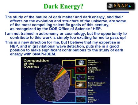 1 Dark Energy? The study of the nature of dark matter and dark energy, and their effects on the evolution and structure of the universe, are some of the.