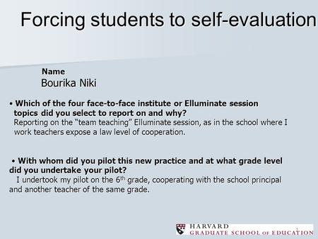 1 Name Bourika Niki Which of the four face-to-face institute or Elluminate session topics did you select to report on and why? Reporting on the “team teaching”