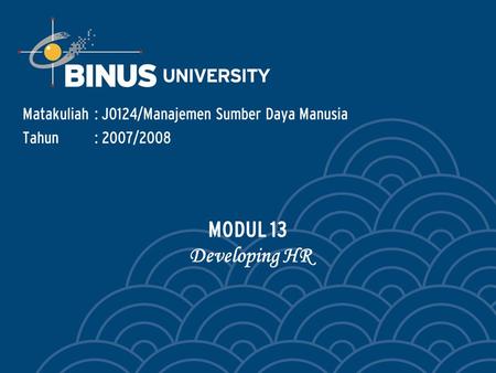 Matakuliah: J0124/Manajemen Sumber Daya Manusia Tahun: 2007/2008 MODUL 13 Developing HR.