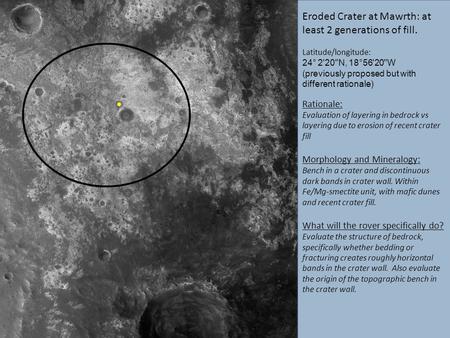 Eroded Crater at Mawrth: at least 2 generations of fill. Latitude/longitude: 24° 2'20N, 18°56'20W (previously proposed but with different rationale)