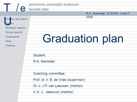 R.A. Niemeijer, 513316 - June 7, 2006 Problem description Subject Research aspects Design aspects Expectations Risks Planning faculteit ddss technische.