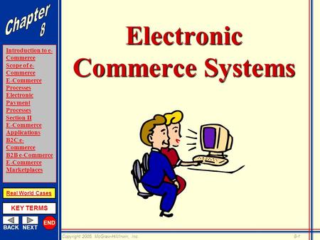 END BACKNEXT Introduction to e- Commerce Scope of e- Commerce E-Commerce Processes Electronic Payment Processes Section II E-Commerce Applications B2C.