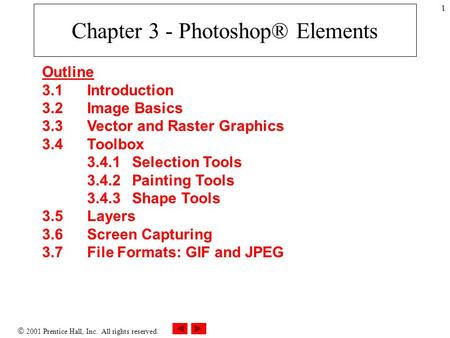  2001 Prentice Hall, Inc. All rights reserved. 1 Chapter 3 - Photoshop® Elements Outline 3.1 Introduction 3.2 Image Basics 3.3 Vector and Raster Graphics.