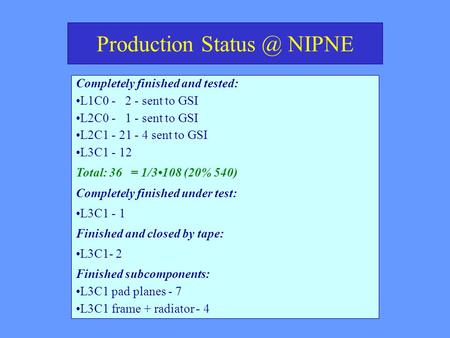 Production NIPNE Completely finished and tested: L1C0 - 2 - sent to GSI L2C0 - 1 - sent to GSI L2C1 - 21 - 4 sent to GSI L3C1 - 12 Total: 36 =