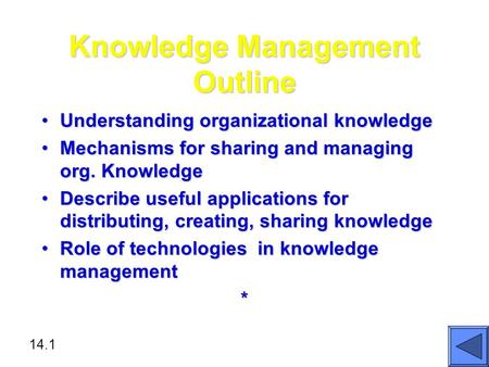 14.1 Knowledge Management Outline Understanding organizational knowledgeUnderstanding organizational knowledge Mechanisms for sharing and managing org.