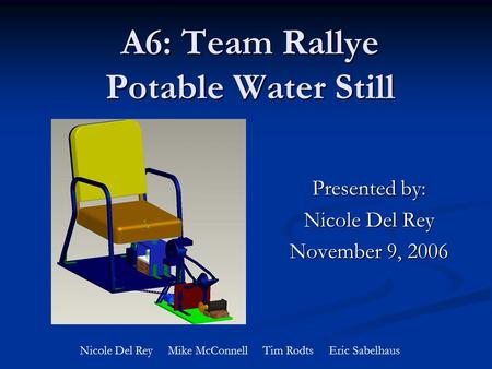 A6: Team Rallye Potable Water Still Presented by: Nicole Del Rey November 9, 2006 Nicole Del Rey Mike McConnell Tim Rodts Eric Sabelhaus.