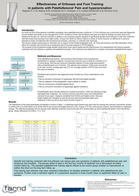 Effectiveness of Orthoses and Foot Training in patients with Patellofemoral Pain and hyperpronation Mølgaard C. (1+2), Kaalund S.(3), Christensen M.(1),