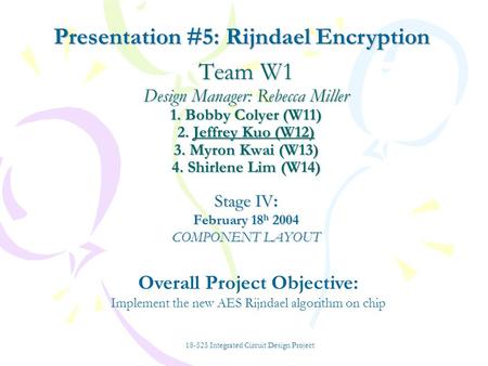 Team W1 Design Manager: Rebecca Miller 1. Bobby Colyer (W11) 2. Jeffrey Kuo (W12) 3. Myron Kwai (W13) 4. Shirlene Lim (W14) Stage IV: February 18 h 2004.