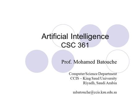 Artificial Intelligence CSC 361