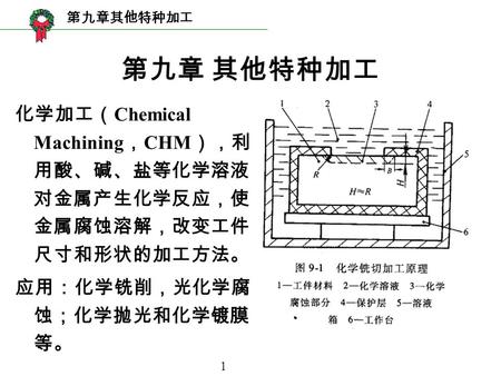 第九章其他特种加工 1 化学加工（ Chemical Machining ， CHM ），利 用酸、碱、盐等化学溶液 对金属产生化学反应，使 金属腐蚀溶解，改变工件 尺寸和形状的加工方法。 应用：化学铣削，光化学腐 蚀；化学抛光和化学镀膜 等。