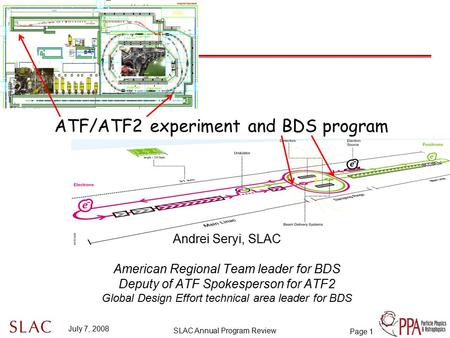 July 7, 2008 SLAC Annual Program Review Page 1 Andrei Seryi, SLAC American Regional Team leader for BDS Deputy of ATF Spokesperson for ATF2 Global Design.