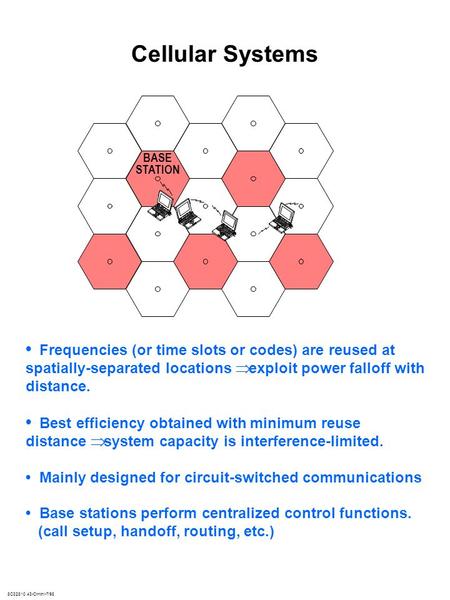 Frequencies (or time slots or codes) are reused at spatially-separated locations  exploit power falloff with distance. Best efficiency obtained with minimum.