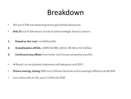 Breakdown 164 out of 258 manufacturing sectors gained free allowances Only 13 out of 164 sectors ‘at risk of carbon leakage’, these 13 sectors: 1.Passed.