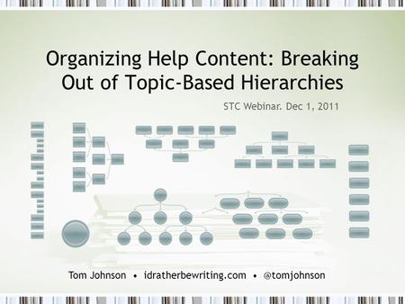 Organizing Help Content: Breaking Out of Topic-Based Hierarchies STC Webinar. Dec 1, 2011 Tom Johnson