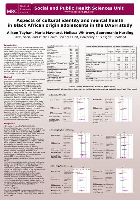Alison Teyhan, Maria Maynard, Melissa Whitrow, Seeromanie Harding MRC, Social and Public Health Sciences Unit, University of Glasgow, Scotland Introduction.