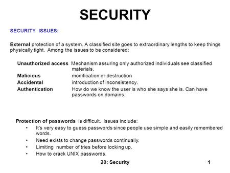 20: Security1 SECURITY SECURITY ISSUES: External protection of a system. A classified site goes to extraordinary lengths to keep things physically tight.