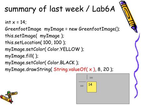 Summary of last week / Lab6A int x = 14; GreenfootImage myImage = new GreenfootImage(); this.setImage( myImage ); this.setLocation( 100, 100 ); myImage.setColor(