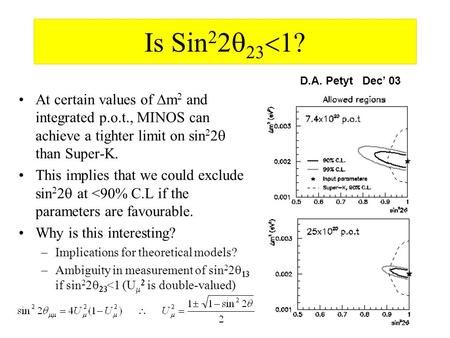 Is Sin 2 2    At certain values of  m 2 and integrated p.o.t., MINOS can achieve a tighter limit on sin 2 2  than Super-K. This implies that we.