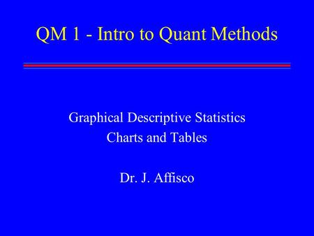 QM 1 - Intro to Quant Methods Graphical Descriptive Statistics Charts and Tables Dr. J. Affisco.