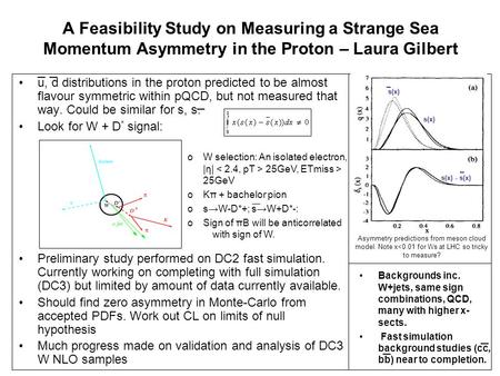 Backgrounds inc. W+jets, same sign combinations, QCD, many with higher x- sects. Fast simulation background studies (cc, bb) near to completion. A Feasibility.