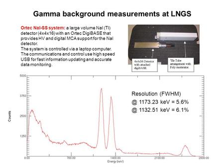 Resolution 1173.23 keV = 1132.51 keV = 6.1% Gamma background measurements at LNGS Ortec NaI-SS system: a large volume NaI (Tl) detector.