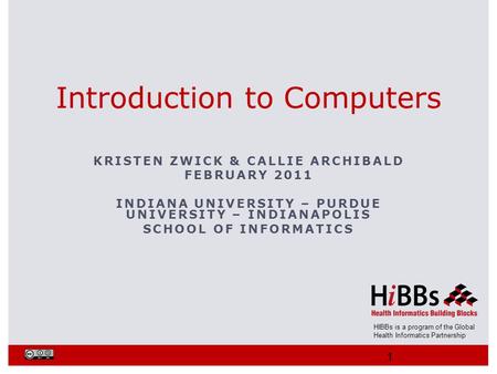 HIBBs is a program of the Global Health Informatics Partnership KRISTEN ZWICK & CALLIE ARCHIBALD FEBRUARY 2011 INDIANA UNIVERSITY – PURDUE UNIVERSITY –