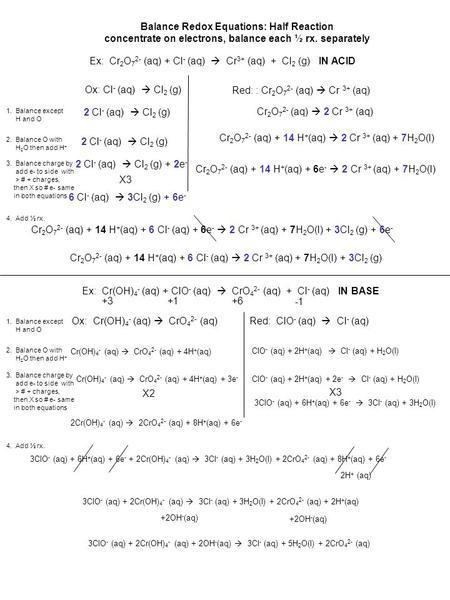 Balance Redox Equations: Half Reaction concentrate on electrons, balance each ½ rx. separately Ex: Cr 2 O 7 2- (aq) + Cl - (aq)  Cr 3+ (aq) + Cl 2 (g)