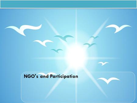 NGO's and Participation. International Non-Governmental Organisations with a child focus UNICEF Plan Oxfam Catholic Relief Services CARE International.