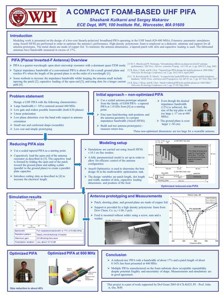 A COMPACT FOAM-BASED UHF PIFA Shashank Kulkarni and Sergey Makarov ECE Dept, WPI, 100 Institute Rd., Worcester, MA 01609 Introduction Modeling work is.