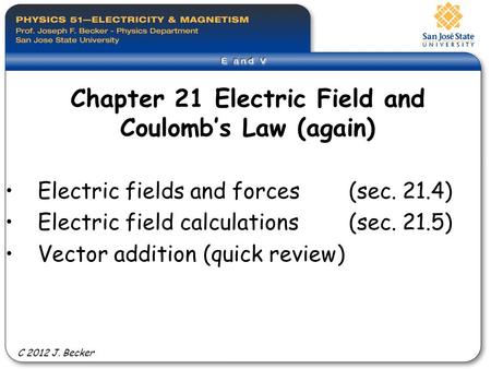 Chapter 21 Electric Field and Coulomb’s Law (again) Electric fields and forces (sec. 21.4) Electric field calculations (sec. 21.5) Vector addition (quick.