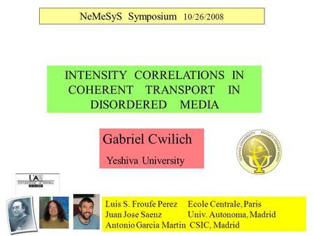 Gabriel Cwilich Yeshiva University NeMeSyS Symposium 10/26/2008 Luis S. Froufe Perez Ecole Centrale, Paris Juan Jose Saenz Univ. Autonoma, Madrid Antonio.