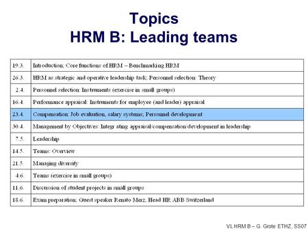 VL HRM B – G. Grote ETHZ, SS07 Topics HRM B: Leading teams.