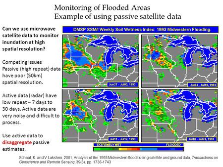 Can we use microwave satellite data to monitor inundation at high spatial resolution? Competing issues Passive (high repeat) data have poor (50km) spatial.