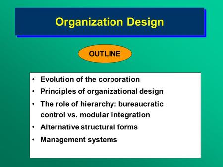 Organization Design Evolution of the corporation Principles of organizational design The role of hierarchy: bureaucratic control vs. modular integration.