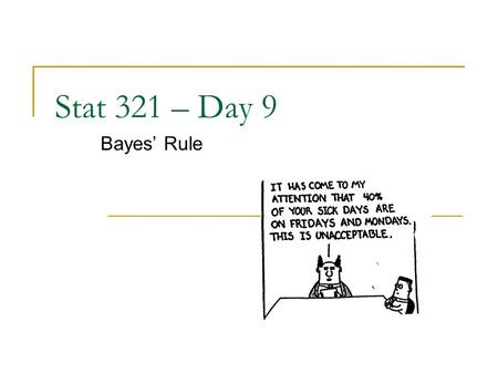 Stat 321 – Day 9 Bayes’ Rule. Last Time Multiplication Rule  P(A  B) = P(A|B)P(B) or P(B|A)P(A)  If the events are independent, simplifies to P(A 