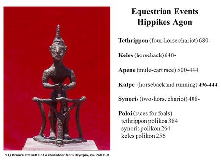 Equestrian Events Hippikos Agon Tethrippon (four-horse chariot) 680- Keles (horseback) 648- Apene (mule-cart race) 500-444 Kalpe (horseback and running)