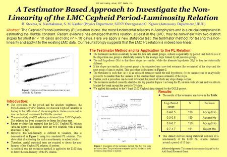 A Testimator Based Approach to Investigate the Non- Linearity of the LMC Cepheid Period-Luminosity Relation R. Stevens, A. Nanthakumar, S. M. Kanbur (Physics.