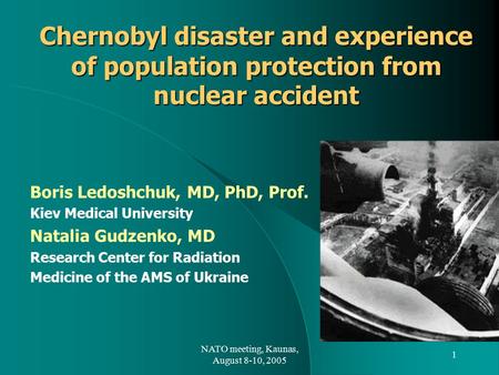 NATO meeting, Kaunas, August 8-10, 2005 1 Chernobyl disaster and experience of population protection from nuclear accident Chernobyl disaster and experience.