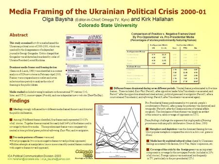 Media Framing of the Ukrainian Political Crisis 2000-01 Olga Baysha (Editor-in-Chief, Omega TV, Kyiv) and Kirk Hallahan Colorado State University Abstract.