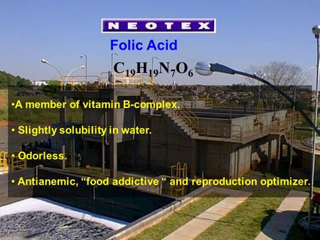 Folic Acid A member of vitamin B-complex. Slightly solubility in water. Odorless. Antianemic, “food addictive “ and reproduction optimizer. C 19 H 19.